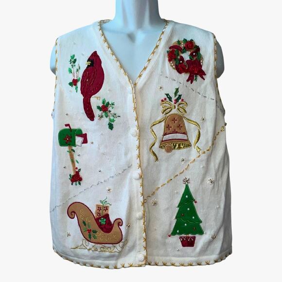 VINTAGE 90s Sarah Bentley Christmas Cardinal Ugly Christmas Sweater Vest Size L - Picture 1 of 5